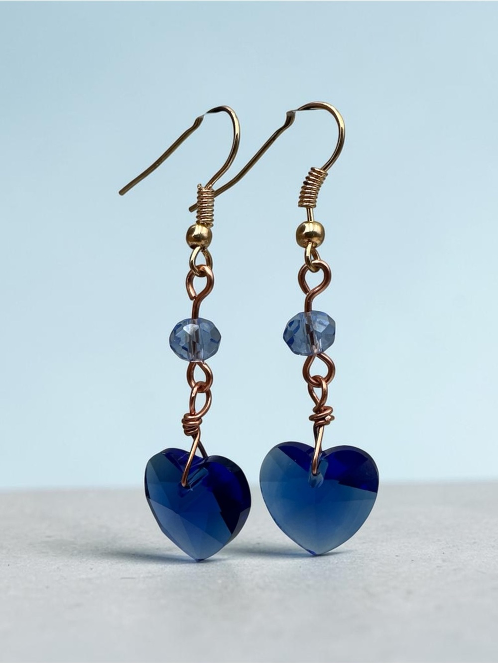 Blue Heart Crystal Dangle Earrings Handmade Gold & Copper Wire Jewelry